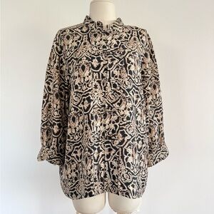 French Laundry 100% Silk Blouse XL Black Beige Baroque Print